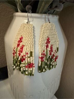 Handmade Handwoven Beaded Fringe Flower Earrings